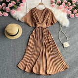 Zingj Temperament Fashion V Collar Fly Sleeve Dress Simple Pure Color Waist Belt Pleated Long