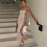 Loose Summer Side Hollow Out Bandage Long Dress Streetwear Beige Sexy Lace-up Sapghetti Strap Party Nightclub