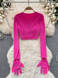 American Hotsweet Streetwear Y2K Tops Cropped O Neck Long sleeved Connecting Gloves Design Fashion Sexy Slim
