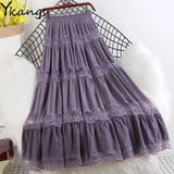Summer Chiffon Beach Boho Long skirt Women Black White Lace pleated skirt Ladies Office High Waist Midi saia
