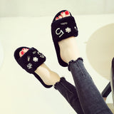 Winter Women House Slippers Faux Fur Warm Shoes Woman Slip Flats Female Slides Red Black Pink Home furry Ladies