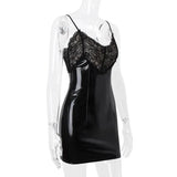 Lace Patchwork Pu Leather Slip Mini Dress-Outfit