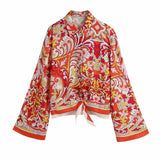 Fashion Red Floral Print Bow Tie Smock Women Shirt Casual Summer Blouse Hot Shorts 2 Pieces Female Suit Streetwear