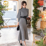 and Winter 2020 New Korean Style High collar Slim Long Sleeve Frenulum Jersey Dress Women's