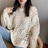 Zingj And Autumn 2024 New Long-Sleeved Jacket Loose Wearing Knit Female Lazy Wind Roll Edge Hollow Hole Sweater-Outfit