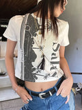 Grunge T-shirt Women White Graphic Tees Short Sleeve Y2k Vintage Crop Top Female Streetwear Summer Tee Tops