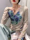 Autumn New Crossed V-neck Full Sleeve T-shirt Women's Fashion Printed Floral Mesh Tees Female Slim Top