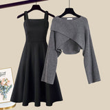 Zingj And Winter Suit Women's 2024 New French Feeling Cross Knit Sweater With Fishtail Dress Two Sets-Outfit