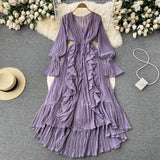 Fairy Seaside Resort Chiffon Long Dress Women's Lotus Leaf Lace V-neck Temperament Crimped Waist Slim