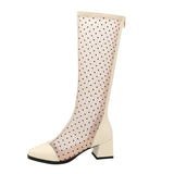 Summer Women Boots Patent Leather Knee High Booots Sexy Hollow Breathable Mesh Boots Fashion Zipper Thick High Heel