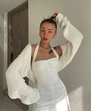 Zingj P Sexy Solid Color Ultra Short Long-Sleeved Sweater Coat-Outfit