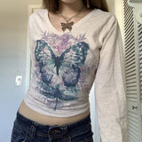 Print Butterfly T Shirt Women Clothes Long Sleeve Streetwear Grunge V Neck T-shirt Vintage AutumnHarajuku Tops