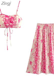 Print Long Skirts For Women Fashion 2023 Pink Floral Skirt Woman Fashion High Waist Midi Skirt Sets Pleated Summer