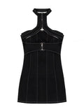 Black Bodycon Mini Denim Dress Women Hollow Out Halter Sleeveless Short Dresses Skinny Summer Sexy Slim Vestidos