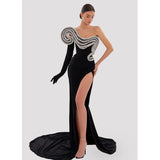 Water Drill Design High Open Fork Single Shoulder Sleeveless Black Dress Dinner Dinner Red Carpet