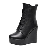 Head 12Cm High Slope And Waterproof Table Mid-Sleevel Boots With Side Zipper Women's Boots Pine Cake Plus Velvet Winter Warm Leather