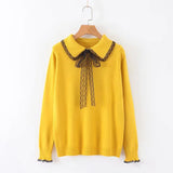 Lace-up Doll Collar Long-sleeved Sweater Female Long-sleeved Fashion Flower Edge Stitching Knitted Sweater Pullover