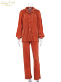 Casual High Wasit Pants Set Women Autumn Long Sleeve Blouses Matching Wide Trousers Suit Green Pleated 2 Piece Pant