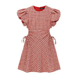 Red Plaid Dress Round Neck Hollow Out Dew Waist Puff Short Sleeve Casual Vintage High Waist Short Skirt Ladies