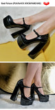 Onlymaker Women Pumps Mary-Jane Platform Black Pink Chunky 16CM High Heels Ankle Strap Dress Party Hoof Heel Plus Size