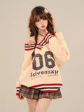 Brown V-neck Letter Print Oversize Sweater- Outfit