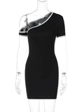 Black Contrast Seam One-Shoulder Short Sleeve Mini Dress-Outfit
