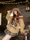 Brown V-neck Letter Print Oversize Sweater- Outfit