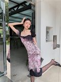 Pastel Goth Floral Shirred Pink Dress Backless Puff Sleeve Bodycon Off Shoulder Ladies Long Dress Women Gothic