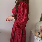 Fashion French Vintage Maxi 2021 Ladies Lantern Sleeve Dot Chiffon Dresses Femme Autumn
