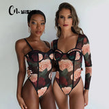 Fashion Floral Mesh Sheer Long Sleeve Bodysuits Women Rompers Party Sexy Slim Teddy One Piece Jumpsuit Female