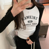 Color Shoulder-Sleeved Letter Printed Long-Sleeved T-Shirt Women's Autumn New Bottomed Shirt Round Neck Short