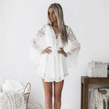 White Lace Dress Elegant Hollow Out V Neck Cross Lace Up Mini Sexy Dress Casual Short A-Line Dress Vintage