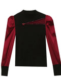 Women Full Puff Sleeve Beading Cotton T-shirts Girl Patchwork Contrast Color T Shirt Female Autumn