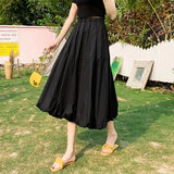 Women A-line Solid Black White Casual Mid-calf Saia Midi Elastic Waist FemaleTulle Skirts Tutu Pleated Skirts