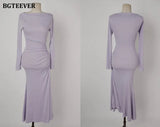 Elegant Slash Neck Ladies Mid-length Dress 2021 Spring Ruched Slim Waist A-line Dress for Women Casual Vestidos