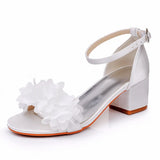 Cm Square Heel Sandals Light Mouth A Word With Coarse Heel Sandals White Flowers Color Lactin Ribbon Bridal Wedding