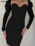 Puff Sleeve Mini Dress Square Collar Sexy Folds Fall Bodycon Party Elegant Office Lady Clubwear Christmas Dress