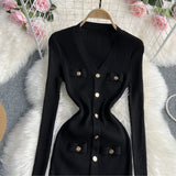 Zingj Button Long Sleeve Dress Autumn And Winter New V Collar Fashion Slim Slit Wrapped Hip Step