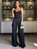 New Fashion Solid Women Bodysuit Sleeveless Backless Folds Wide Leg Jumpsuit Evening Party Elegant Female One Piece