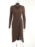 Women Midi Vestidos Folds Long Sleeve V Neck Hollow Out Sexy Brown Streetwear Casual Club Party Womens Christmas