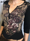 SUCHCUTE Sexy V Neck Goth Tops Dark Academia Long Sleeve Slim T-Shirts Harajuku Aesthetic Floral Printed Ladies Gothic