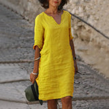 Cotton Linen Small V-neck Stitching Retro Basic Model Solid Color Three-quarter Sleeve
