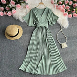Zingj Temperament Fashion V Collar Fly Sleeve Dress Simple Pure Color Waist Belt Pleated Long