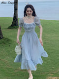 Blue Elegant Fairy Dress Women Bow Bandage Party Midi Dresses Casual Korean Fashion Lace Chic Lolita Dress Female