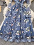 Autumn Gauze Sweet Party Dress Women Embroidery Long Sleeve A Line Female Fashion Streetwear Long Print Evening