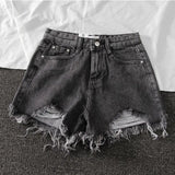 2021 New Summer Women Wide Leg Hole Black Denim Shorts Casual Female Streetwear Loose Solid Color White Jeans