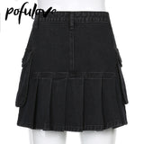 Mini Skirt Goth Denim Pleated Skirts with Big Pockets Women Girl Summer Punk Y2K Black Faldas High Waist Korean