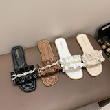 Zingj Size Pearl Chain Slippers Female 2024 Casual Temperament One Character Flat Slippers Fairy Wind Slippers Female-Outfit