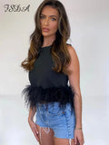 2022 Satin Sleeveless Crop Top Feathers Women Black Off Shoulder Summer White Cami Y2K Sexy Tank Tops Club