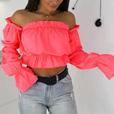 Color Off Shoulder Crop Tops women Summer dot print lantern sleeve shirts Lady Sexy Slash neck beach